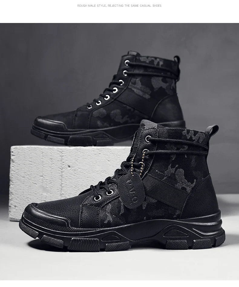 Men's canvas boots autumn winter new plus velvet high-top warm casual boots outdoor boots camouflage tooling boots desert boots