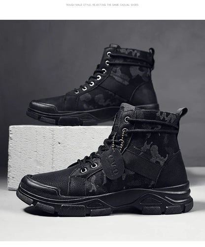 Men's canvas boots autumn winter new plus velvet high-top warm casual boots outdoor boots camouflage tooling boots desert boots