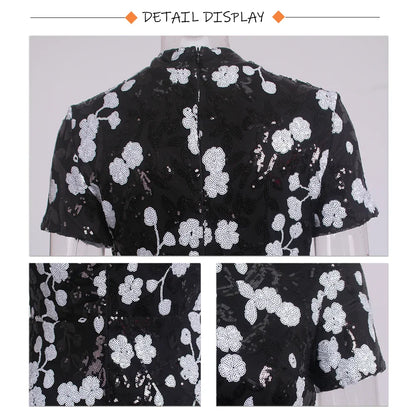 O Neck Short Sleeve Graduation Dresses Flowers Sequined Long Bodycon Stretchy Women Evening Dress Summer 2025