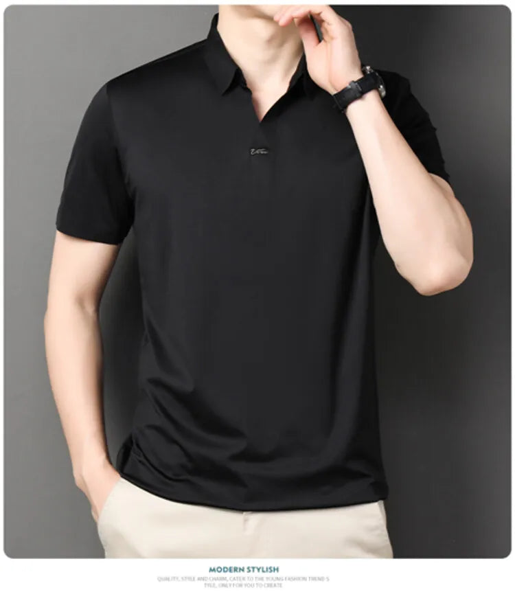 2024 High-quality Elastic Stretch POLO, Business Casual Men's Short-sleeved Shirt, Seamless V-neck M-4XL Men's Polo Shirt