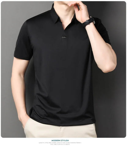 2024 High-quality Elastic Stretch POLO, Business Casual Men's Short-sleeved Shirt, Seamless V-neck M-4XL Men's Polo Shirt