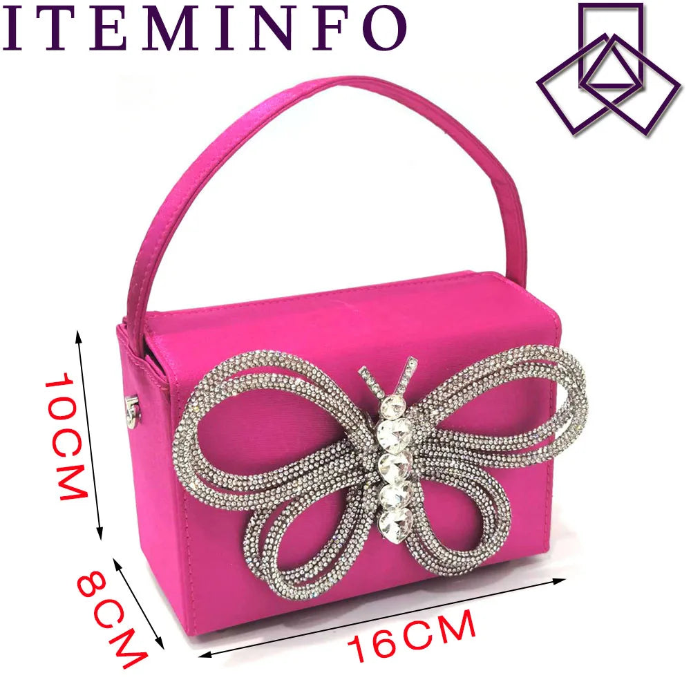 Ladies Pointed-Toe Party High Heels Magenta Colour Bow Rhinestone Stereo Bag Evening  African Wedding Shoe And Bag Set
