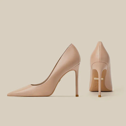 Soft leather high heels for women slim heels with pointed tips new spring and autumn versatile nude professional single shoes