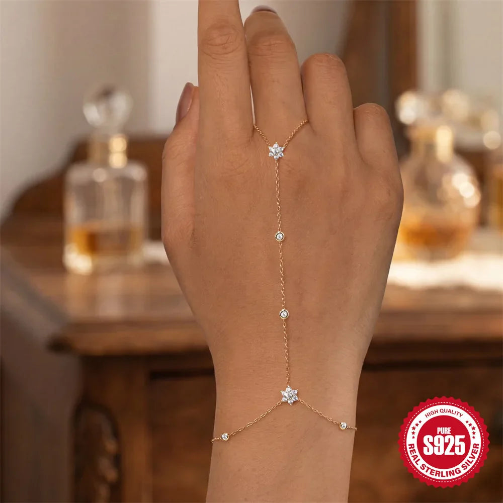 Dainty 5A Zircon Finger Ring Chain Bracelets Flower High Carbon Bracelet for Women Girl Adjustable s925 Silver Jewelry Gift