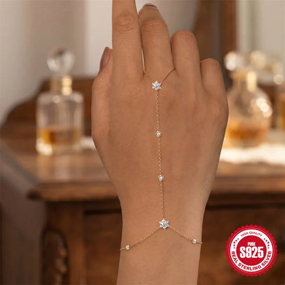 Dainty 5A Zircon Finger Ring Chain Bracelets Flower High Carbon Bracelet for Women Girl Adjustable s925 Silver Jewelry Gift