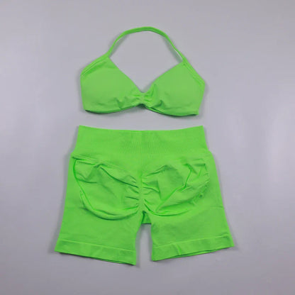 Scrunch Seamless Yoga Set Women Sportswear Ribbed Gym Shorts Strappy Sports Bra 2 Piece Set Halter Workout Clothes Fitness Suit