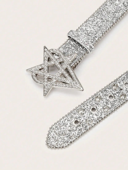 1pc Men's Y2K Punk Six-pointed Star Rhinestone Buckle Glitter Rhinestone Belt, A Versatile Belt To Match Jeans