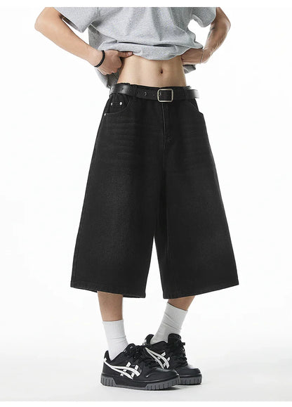 2025 Summer Men's Wide Leg Jeans Shorts Vintage Distressed Wash Y2K Straight Elastic Waist Loose Casual Relaxed Fit