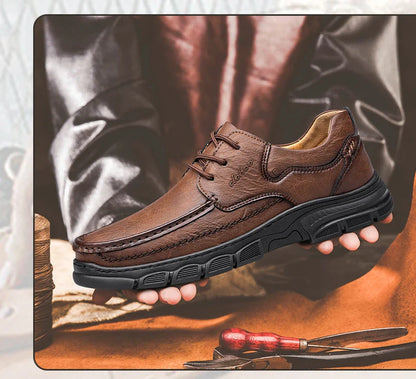 Men's Handmade Thick Rubber Bottom Breathable Casual Leather Shoes Classic Sewn Loafers Comfortable Leisure Footwear