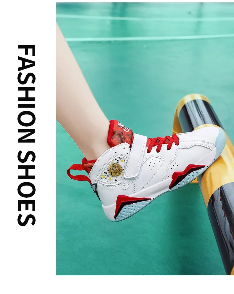 Children Summer High Top Basketball Shoes Boy Breathable Anti Slip Casual Sneakers Man Velcro Non Slip Rebound Kid Running Shoes