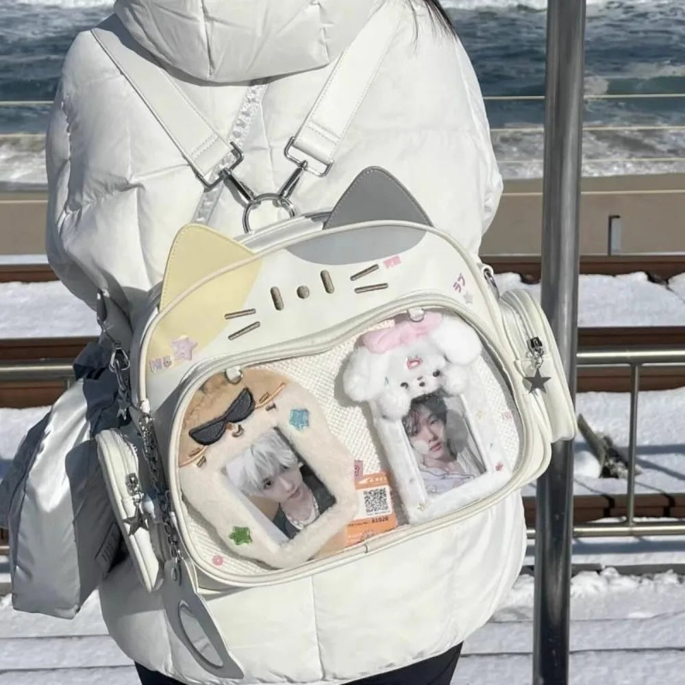 Korean Kawaii Cat Lolita Bag Cute PU Shoulder Bag Girls Transparent Pocket Harajuku Crossbody Bag Women's Fashion Backpacks