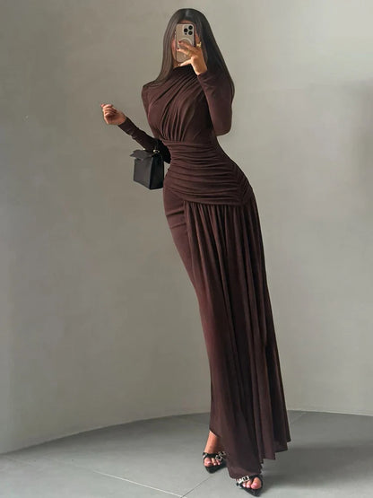 Maxi Dress Women o-Neck Full Sleeve Solid Banquet Elegant Vacation Fashion Autumn Skinny Casual Simple Vestido