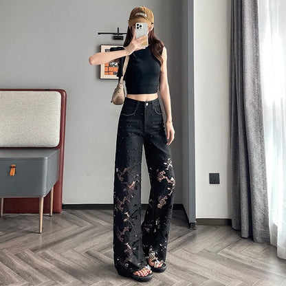Y2k Women's cute jeans High Leg Waisted Denim Pants