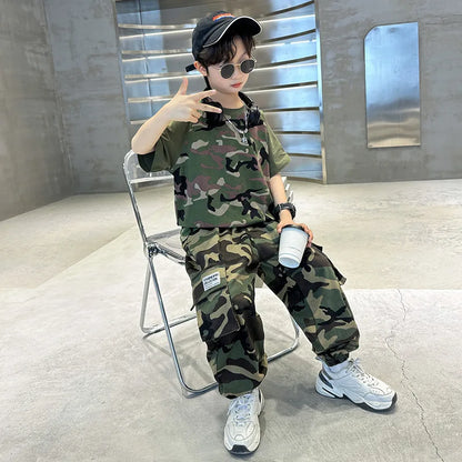 Teenage Boys Summer Camouflage Suit Thin Short-sleeved T-shirt Shorts Suit Children's Casual sports Suit Boys Clothes Sets