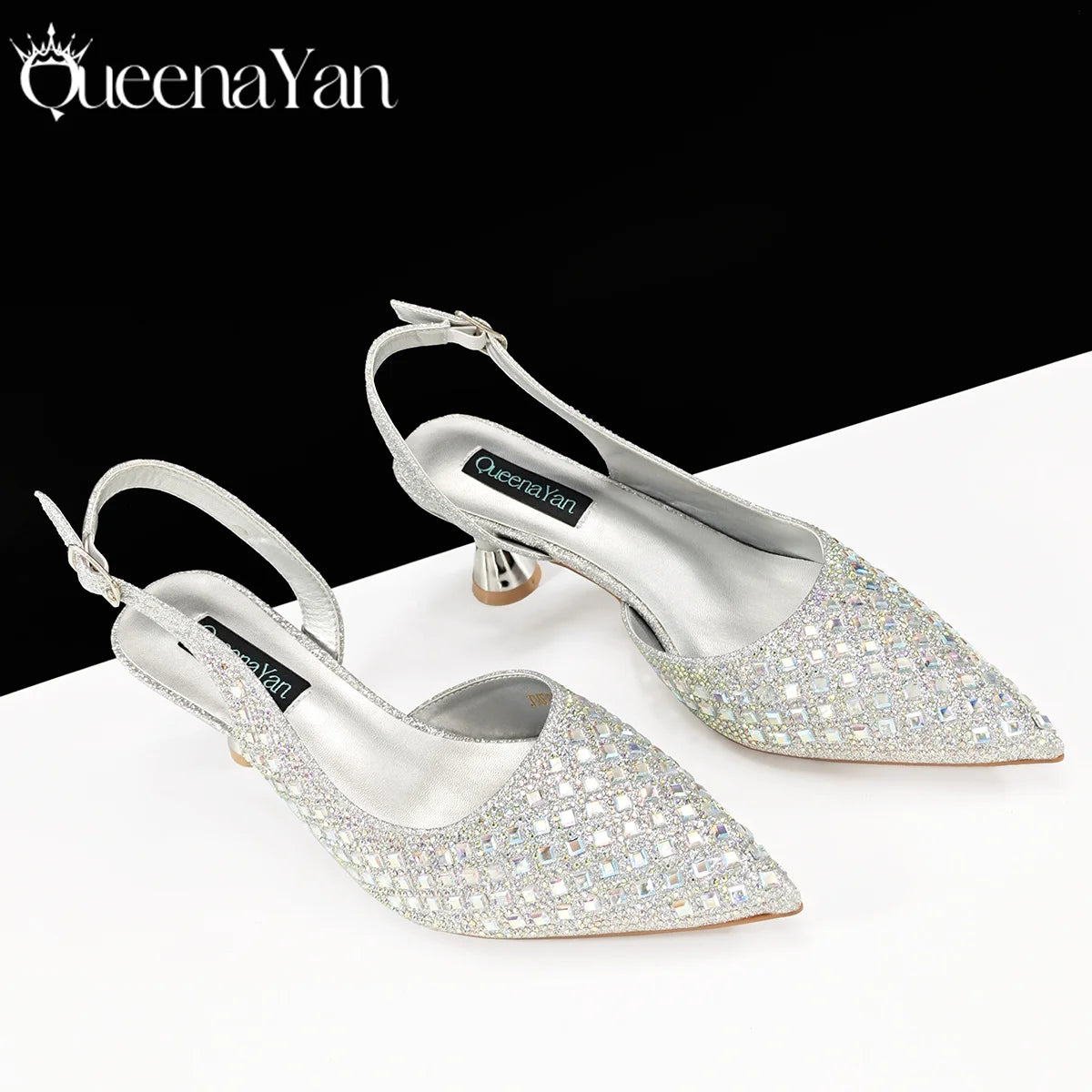 Italian Design Rhinestone Luxury Navy Blue Pointed Toe Shoe & Bag Set Women High Heels for Parties High Quality
