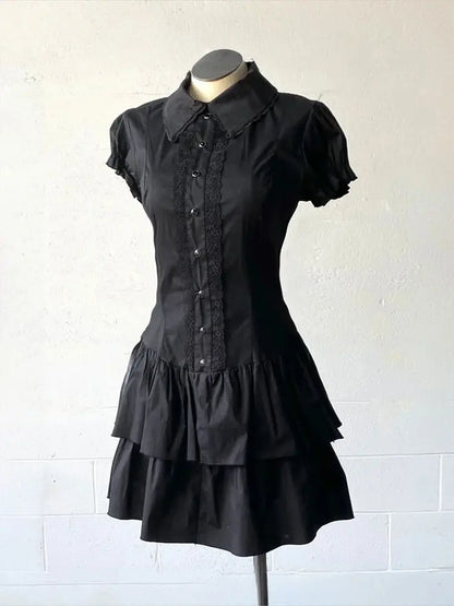 Summer Chic Vintage Black Short Sleeve Dress Women High Street Y2k Patchwork Slim Lapel Gothic Dresses Retro Hot Girl Clothing
