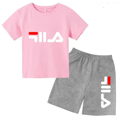 Kids Gift Sports Short-Sleeved Round Neck Black Letters Fashion White T-shirt+Shorts Summer Boy Girl Casual Outdoor Jogging Suit