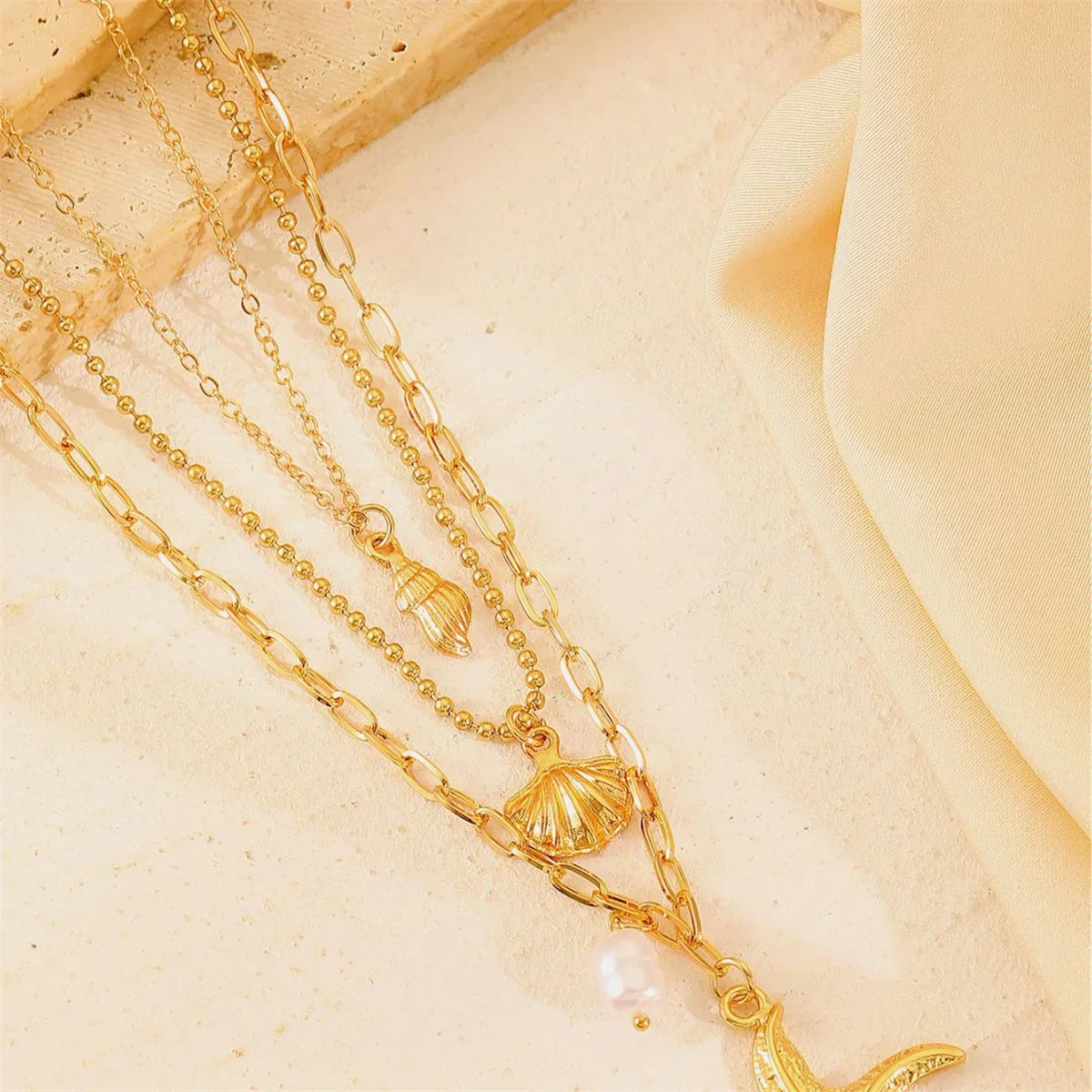 Women's 316L Stainless Steel Starfish Conch Shell Pearl Pendant Necklace 3-in-1 Choker Chain Jewelry Gift