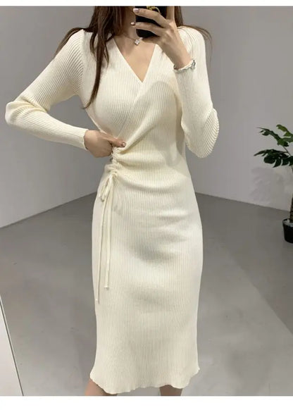 V-ne Knitted Wrap Waist Slimming Mid-length A-line Dr Women's Sweater Dr Korean Sle High Waist Long Sve