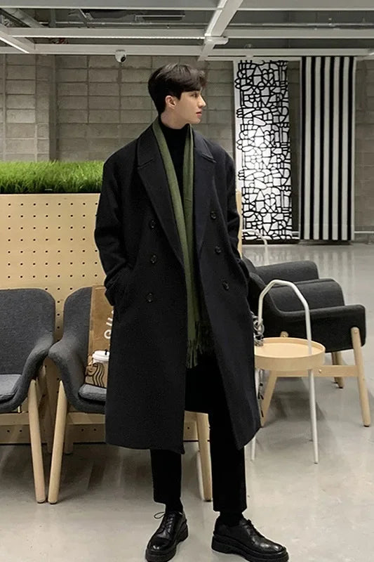 Jaqueta Masculina Nova 2023 de Comprimento Médio, Modelo Grosso, Abotoamento Duplo, Sensação Premium, Sobretudo de Lã Estilo Coreano para Outono Inverno