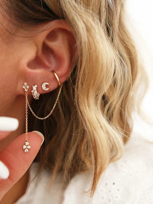 3PCs/set Earrings for 1 Ear Women gold color zirconia Classic Piercing Designer Earring set 2024 Women Jewelry Wholesale