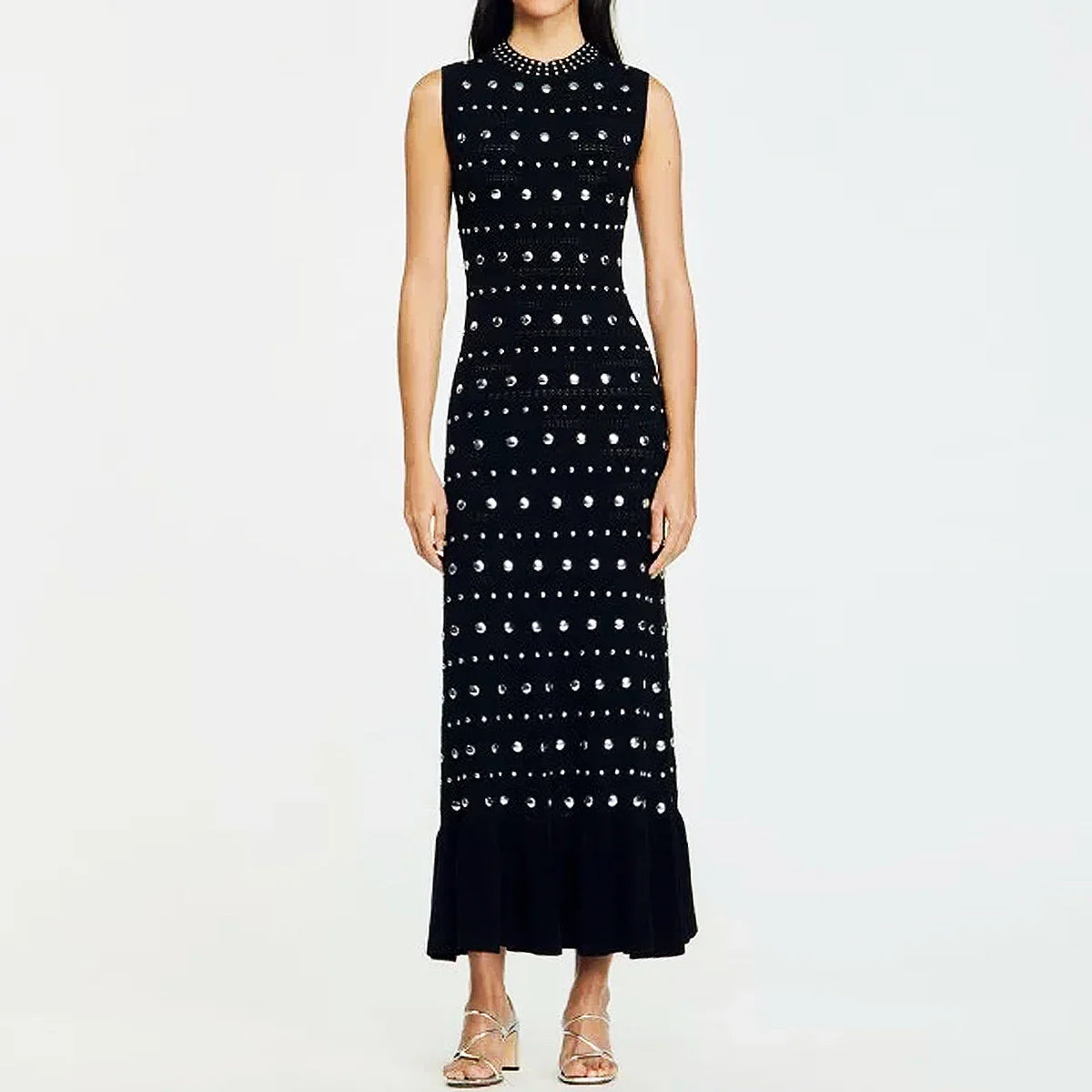 High Quality Elastic Knitted New Fashionable Round Neck Luxurious Hot Plate Sleeveless Slim Fit Women's Dress