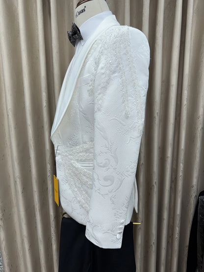 Ternos Masculinos Jacquard Brancos Elegantes com Miçangas 3 Peças Roupa de Dança Plus Size Conjunto de Terno Masculino com Gola Xale Manga Longa Outono Smoking