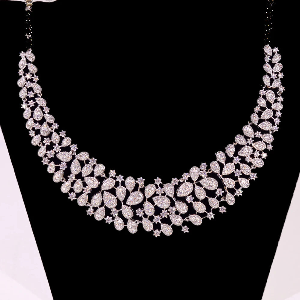 Gorgeous CZ Crystal Zirconia Luxury Silver Color Necklace Europe Bridal Wedding Party Dubai Jewelry Set for Women 2024