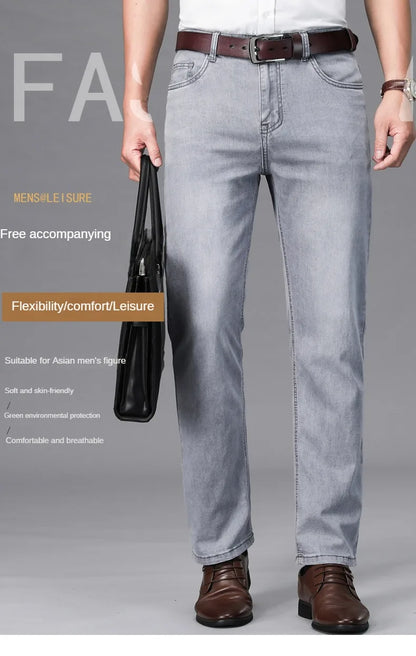 2026 Brand Thin or Thick Material Straight Cotton Stretch Denim Men's  Business Casual High Waist Light Grey Blue Jeans