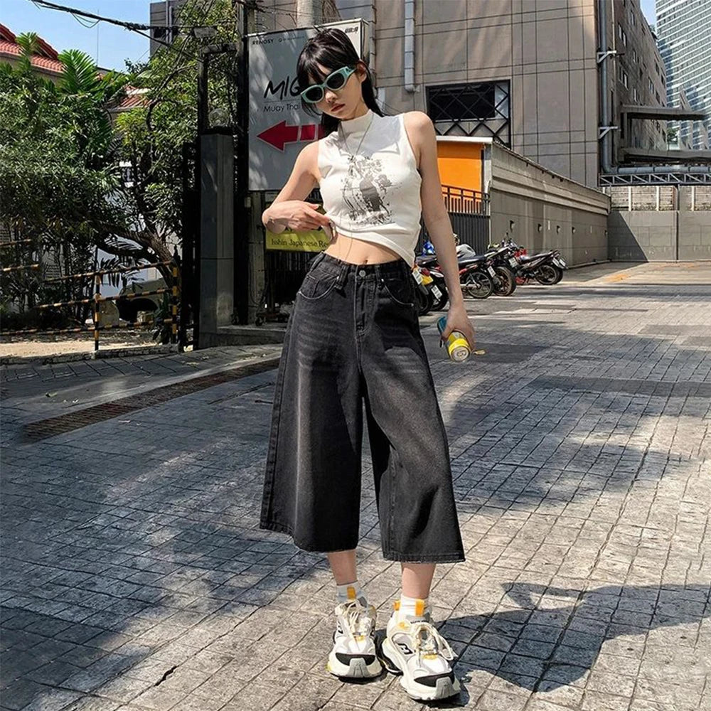 Verão American Style Vintage Feminino Jeans Folgado Y2k Solto Lavado Cintura Alta Calça Jeans Comprimento Joelho Streetwear Shorts Perna Larga