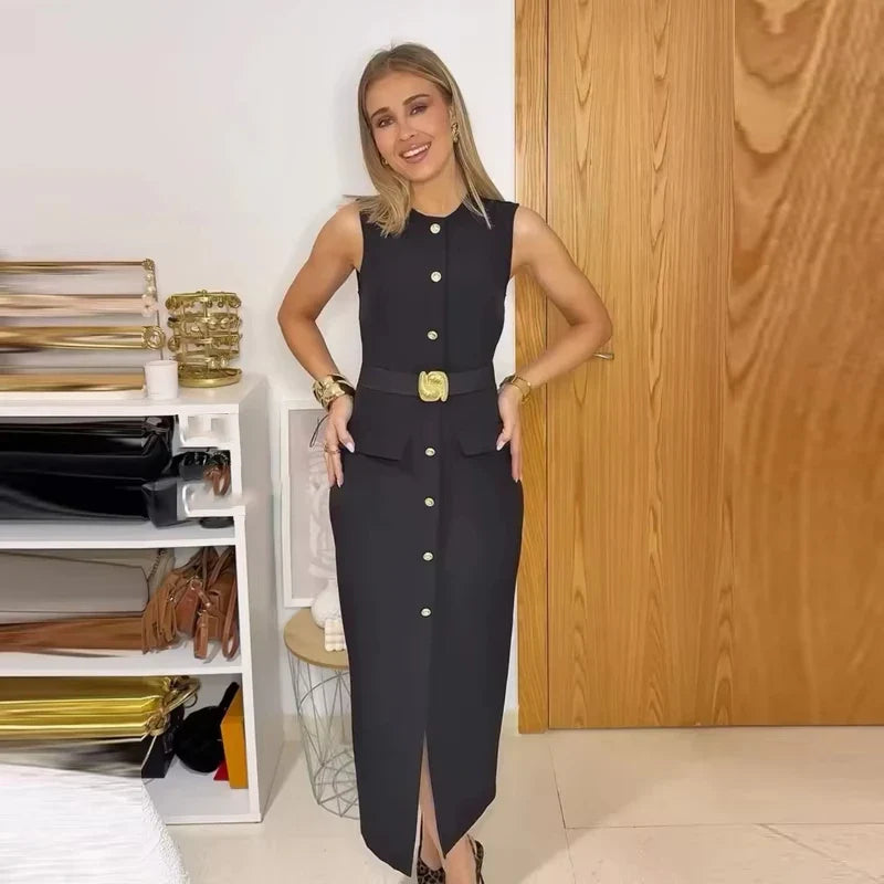 Womens Dresses Black Office Long Dresses for Women Spring Sleeveless Midi Dress Woman Belt Button Women's Dress Vest