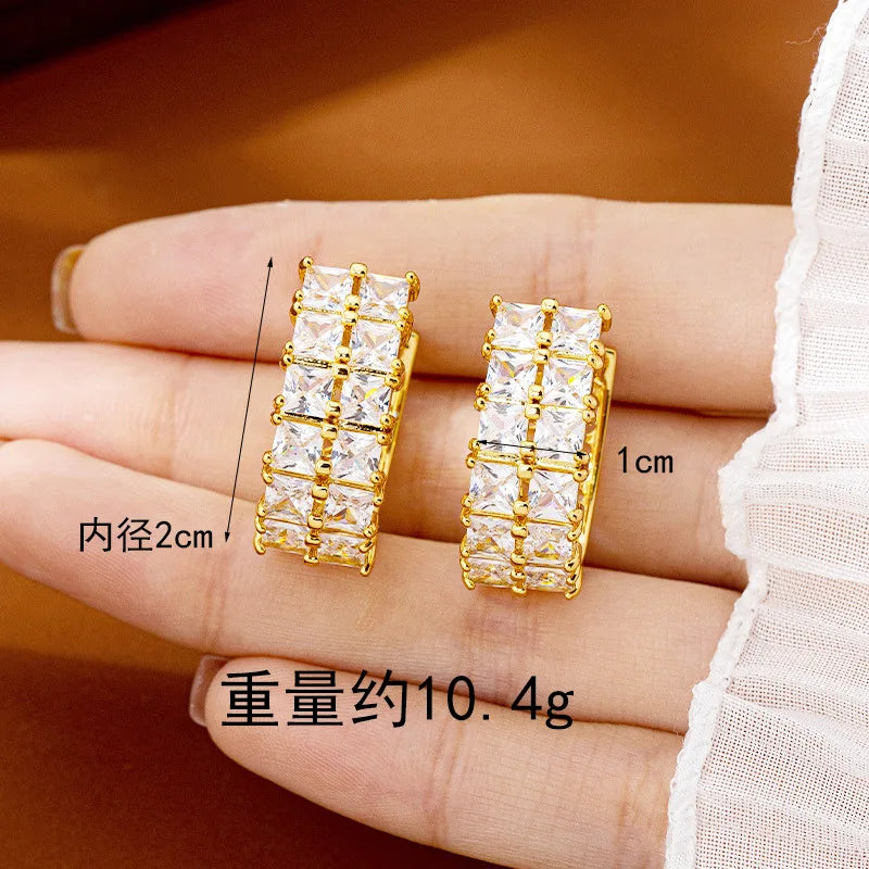Women 24K Gold AU999 Diamond-Inlaid Geometric Clasp Earrings - Pure gold, trendy design, practical clasp, ideal for gifting