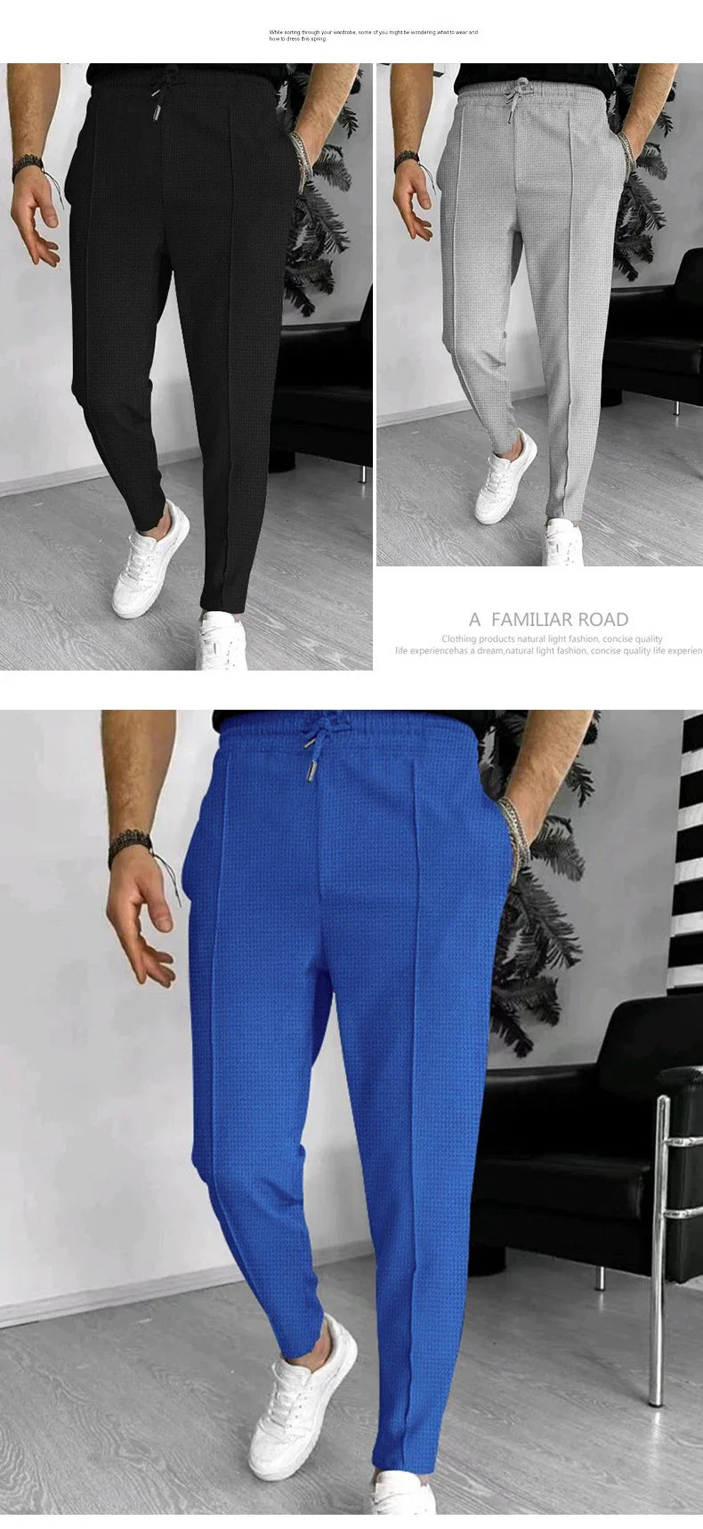 Mens Stylish Waffle Pants - Casual Sports Slim Fit with Adjustable Drawstring Secure Pockets for All Seasons - Perfect Outdoor