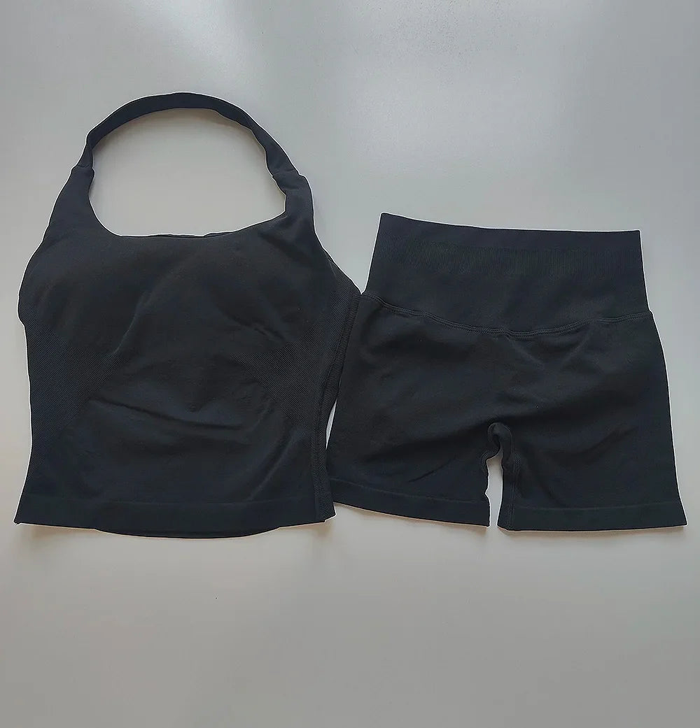 Sexy Halter Neck Beautiful Back High Waist Peach Sports Bras Shorts Suit Pilates Gathering Yoga Vest Training Fitness Bra Sets