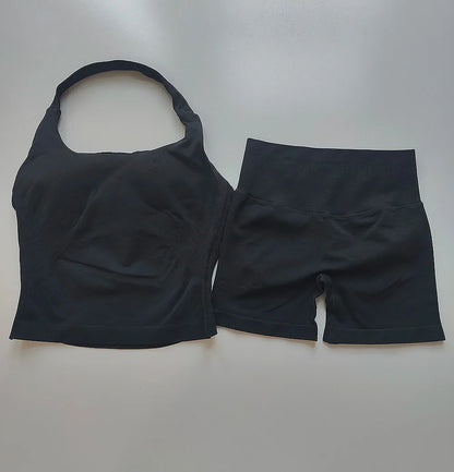 Sexy Halter Neck Beautiful Back High Waist Peach Sports Bras Shorts Suit Pilates Gathering Yoga Vest Training Fitness Bra Sets