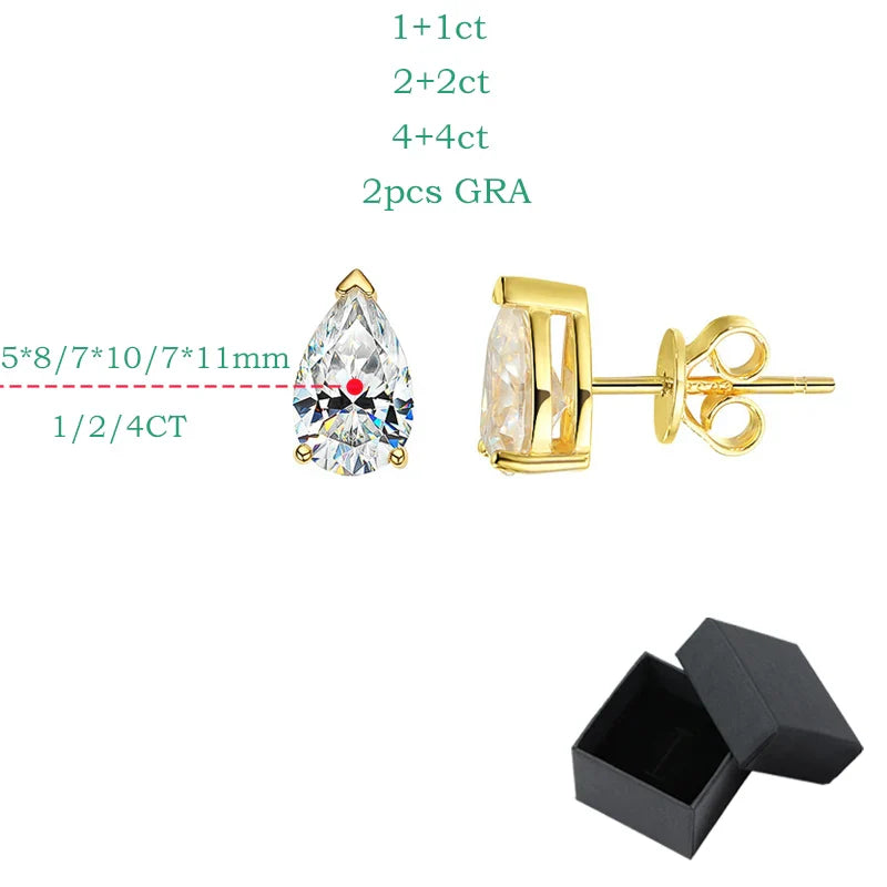 1CT 2CT 4CT Pear Cut Moissanite Stud Earrings for Women Sparkling Solitaire Jewelry 925 Sterling Silver Valentine Gift