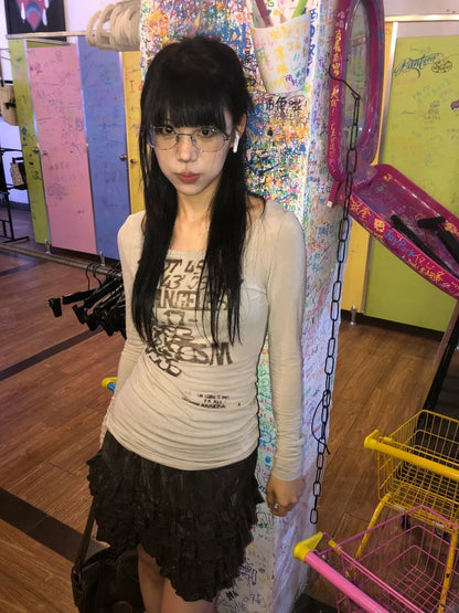 Karrram Camiseta Japonesa Y2k com Estampa de Letras Trashy Estilo Anos 2000 Blusas Caneladas de Manga Comprida Vintage Harajuku Streetwear Retrô Americano