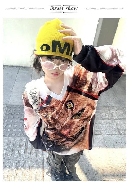 Japanese Y2k Kitten Print Jersey T-shirt Vintage Harajuku V-neck Long Sleeve Cat Tops American Retro Streetwear 2000s