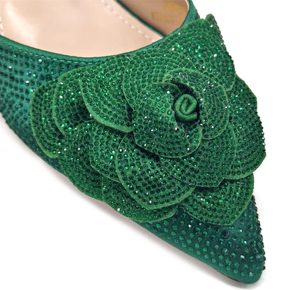 Evening Shoes and Bags Set with Full Diamond Handmade Petal Clutches Pointed Toe Peach Color Mid-Heel Women Shoes