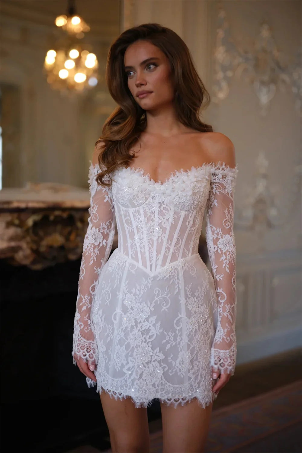 Customized White Off the Shoulder Wedding Dresses Lace Long Sleeve Back Lace-Up Bridal Gowns Flower Mini Wedding Gowns