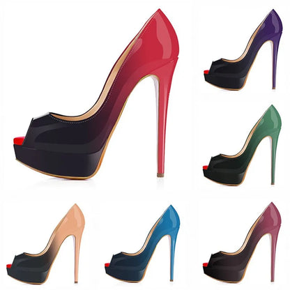 2026 New Women Pumps Sexy Platform Peep Toe 14cm Extremely High Heels Stiletto Patent Leather Party Nighclub Red Wedding Shoes