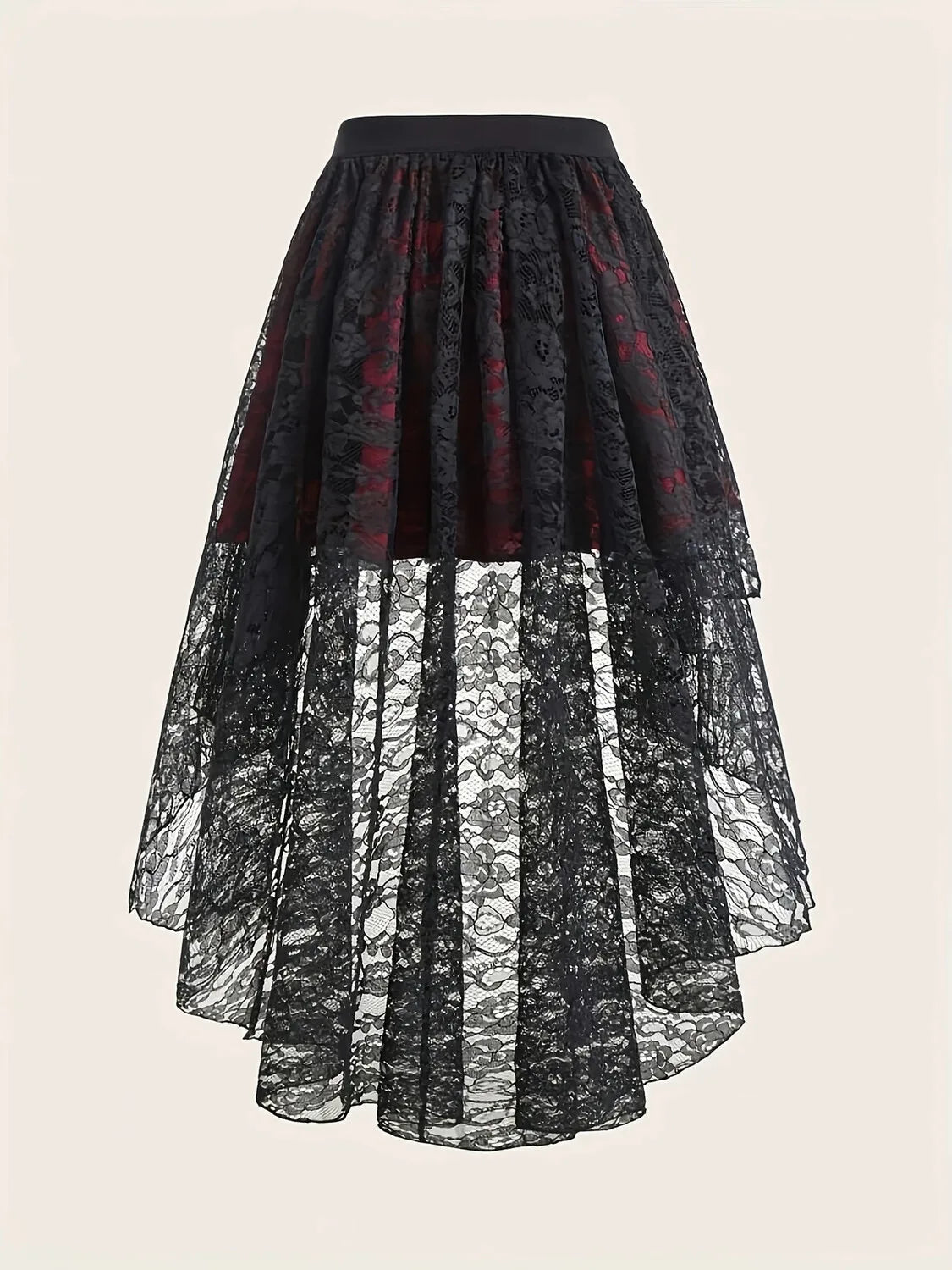 Women's Gothic High Low Tulle Skirt Black Red Floral Lace Contrast High Waist Vintage Punk Rock Style Asymmetrical Hem Skirt