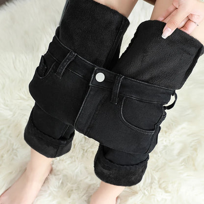Calças Jeans Femininas de Inverno Quentes de Lã Retrô Elásticas Grossas Confortáveis Retas Modernas Coreanas Casuais de Veludo Denim
