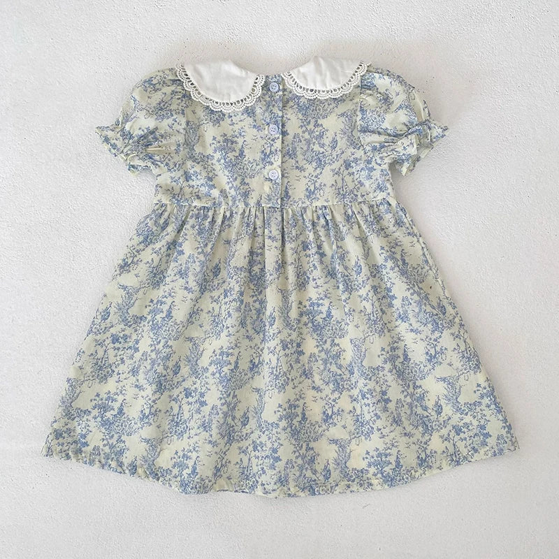 2026 Novo Vestido de Verão para Meninas Crianças 2-6 Anos Vestido de Manga Curta Bufante Estampa Floral Gola Franzida Algodão Doce