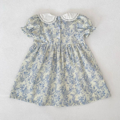 2026 Novo Vestido de Verão para Meninas Crianças 2-6 Anos Vestido de Manga Curta Bufante Estampa Floral Gola Franzida Algodão Doce