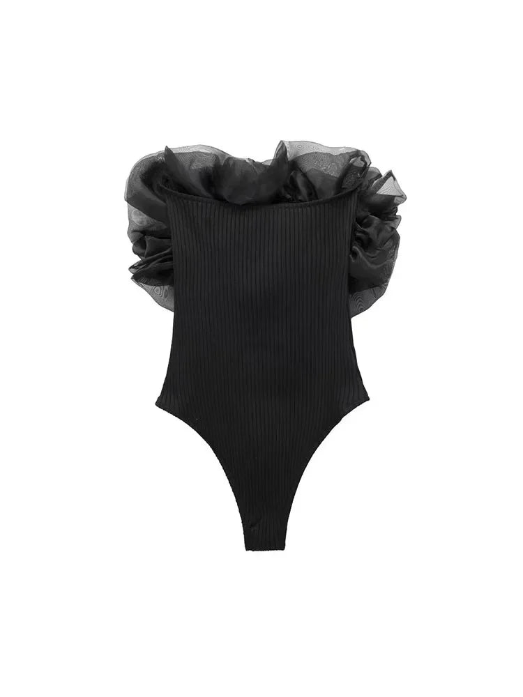 Women Fashion Ribbed Bodysuit With Organza Ruffle Vintage High Elastic Sexy y2k Female Chic Lady Tops body femme