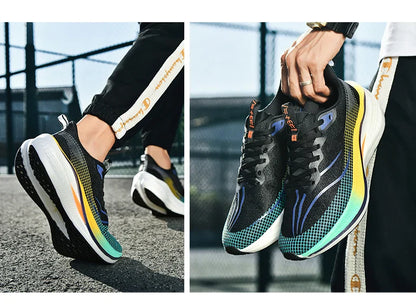 Sapatos de corrida esportivos casuais masculinos e femininos de moda com superfície de malha respirável, suporte de placa de carbono e sola de borracha resistente ao desgaste
