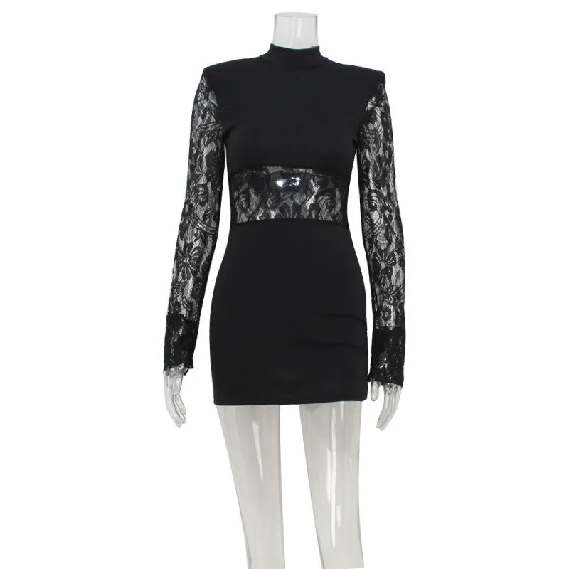 Patchwork Lace Hip Wrap Sheath High Collar Women Dresses Long Sleeve Sexy Club Fashion Bodycon Sheer Female Vestidos