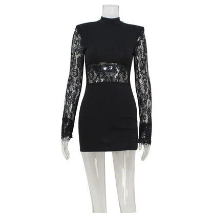Patchwork Lace Hip Wrap Sheath High Collar Women Dresses Long Sleeve Sexy Club Fashion Bodycon Sheer Female Vestidos