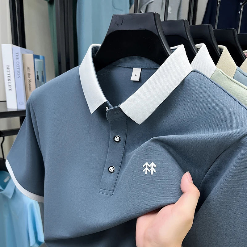 Designer brand silk cotton short sleeve polo shirt summer new Korean casual men's T-shirt fashion embossed soft breathable top